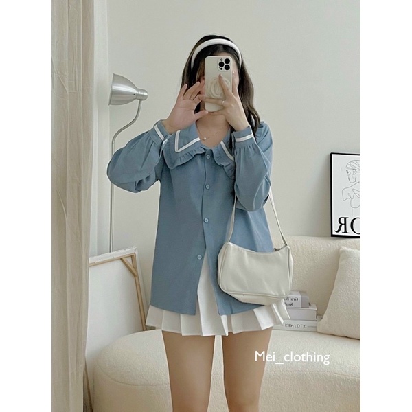 Áo Sơmi Nhung Cổ Bèo Nhọn phối Viền Màu dày dặn