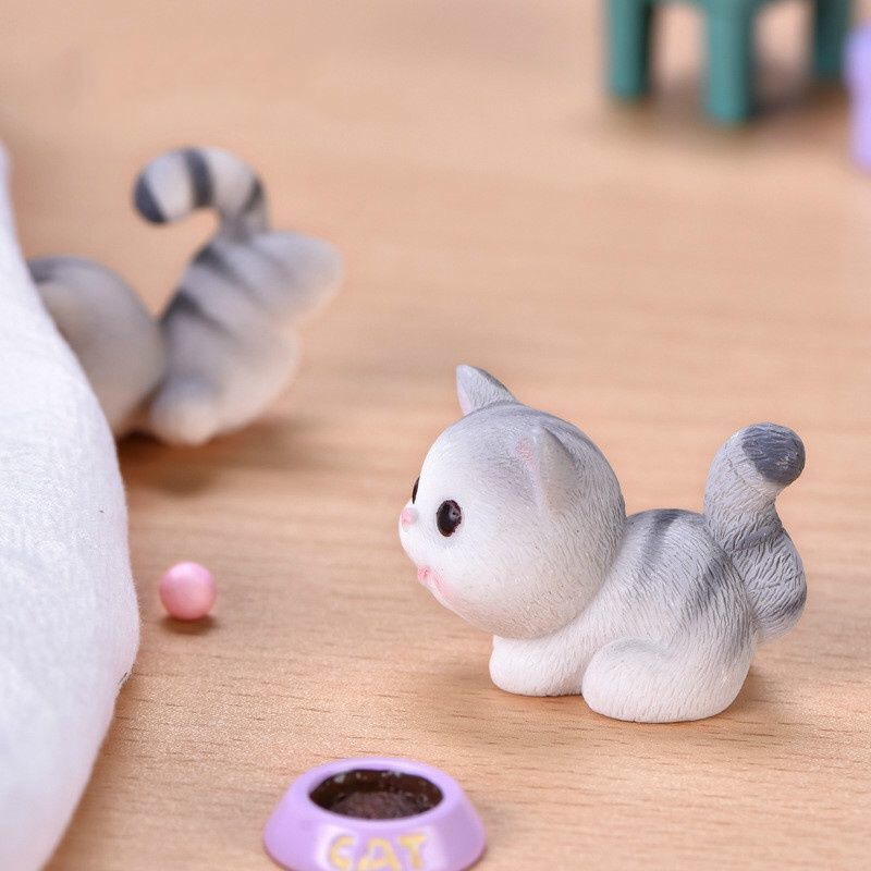 Mô hình mèo vàng xám mini mập mạp dễ thương, tượng mèo tiểu cảnh Ohstyle trang trí bàn học bàn làm việc, quà tặng