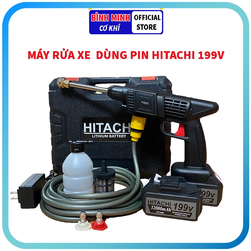 Máy rửa xe dùng pin, máy rửa xe mini cầm tay hitachi 199V, đa năng áp lực, nhỏ gọn, tiện ích, bảo hành 12 tháng