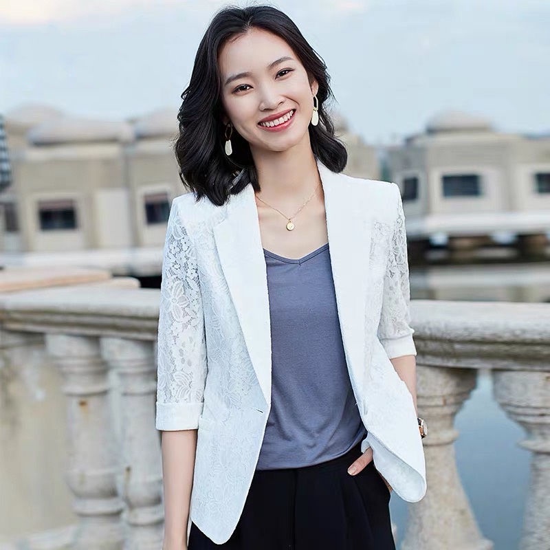 Áo Khoác Vest Tay Lỡ Phối Ren Mỏng Dáng Ôm Thời Trang Công Sở Thanh Lịch Cho Nữ#10.25