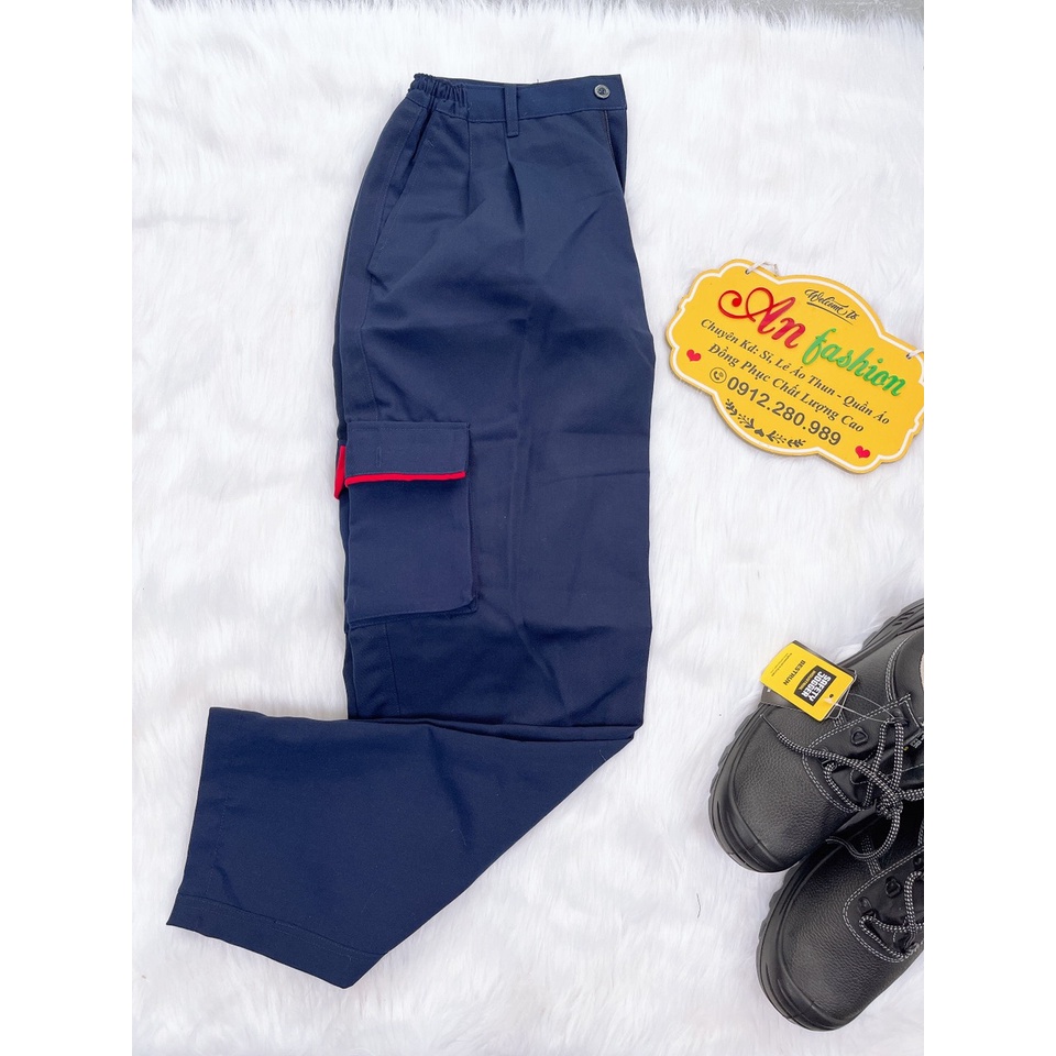 Đồ bảo hộ lao động, Quần áo công trình vải kaki may đẹp màu xanh đen phối đỏ tay ngắn _ Hình chụp thật