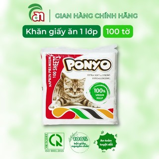 Khăn giấy ăn ponyo con mèo gói 100 tờ 1 lớp khổ 33cm gấp tư
