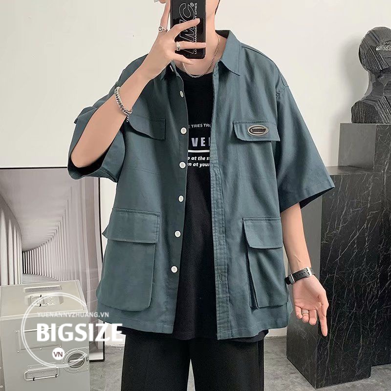 Áo sơ mi Nam Bigsize kaki tay ngắn form rộng mùa hè Thời Trang kiểu trẻ trung Hàn Quốc đẹp cao cấp，cho người mập béo