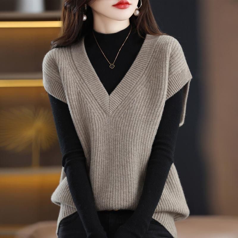 Áo Dệt Kim Nữ Sát Nách Cổ Chữ V Màu Trơn Dáng Rộng Thời Trang Thu Đông Mới