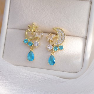 Bông tai bất đối xứng hình ngôi sao và mặt trăng đính đá zircon thời trang cho