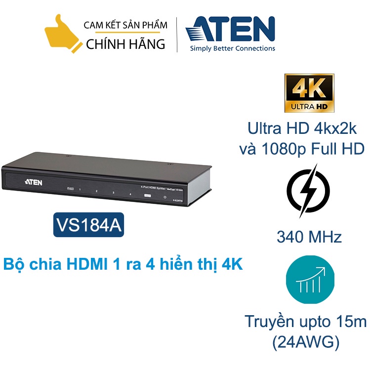 Bộ chia HDMI 1 ra 4 hiển thị 4K - Aten VS184A, hỗ trợ lên 15m, HDCP- Hàng chính hãng
