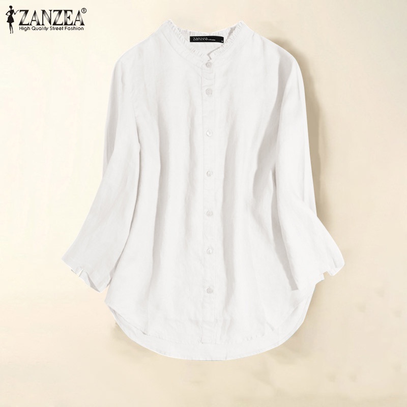 Áo sơ mi ZANZEA tay dài cổ tròn màu trơn thời trang thanh lịch cho nữ