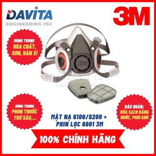 Mặt nạ 6100/6200 kèm cặp phin lọc 6001 3M, lọc hơi hóa chất hữu cơ