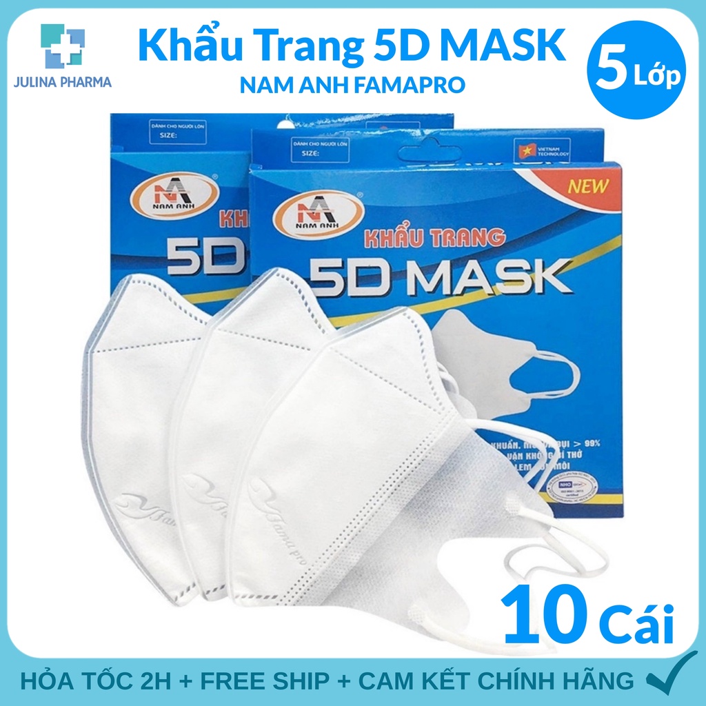 Khẩu trang 5d Mask Famapro quai thun 3 lớp kháng khuẩn Công ty Nam Anh (10 cái)
