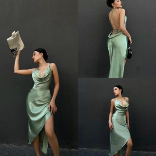 Đầm lụa cổ đổ hở lưng tà xéo cao cấp - váy lụa cổ đổ hở lưng tà xéo sang chảnh tôn dáng