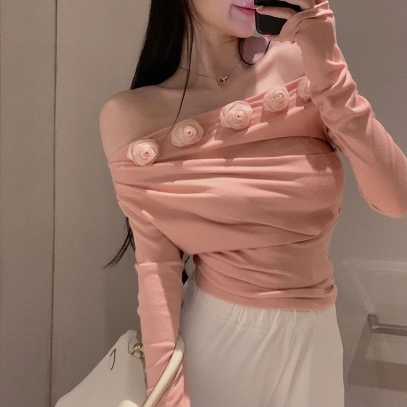 Áo dệt kim trễ vai đính hoa hồng màu hồng cam tiểu thư siêu xinh (Ảnh thật 2-9)