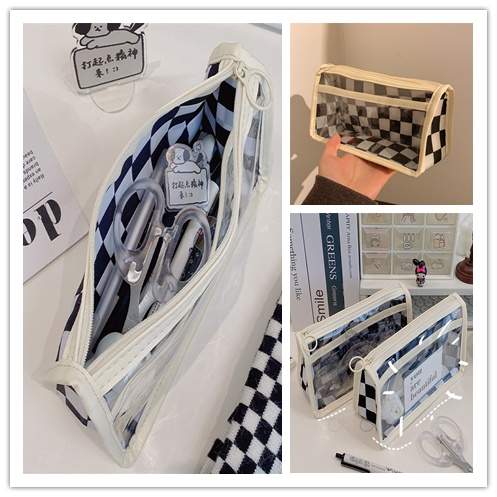 Túi Đựng Bút Họa Tiết Kẻ Ô Màu Trong Suốt Sức Chứa Lớn