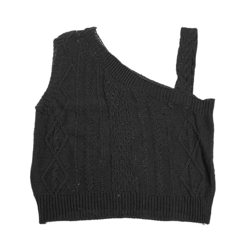 Brroa Áo Crop Top Dệt Kim Không Tay Màu Trơn Hở Vai Cắt Chồng Mồ Hôi Ôm Dáng Phối Dây Cáp Xoắn Cho Nữ