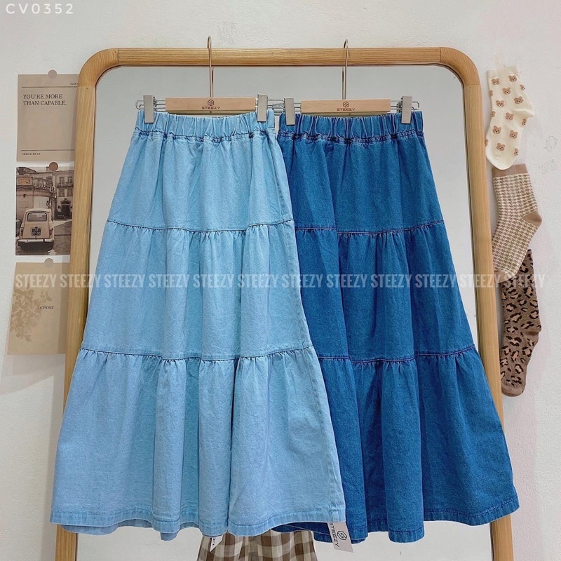 CV0001 Chân váy jeans dài 3 tầng dáng xoè cạp chun vintage