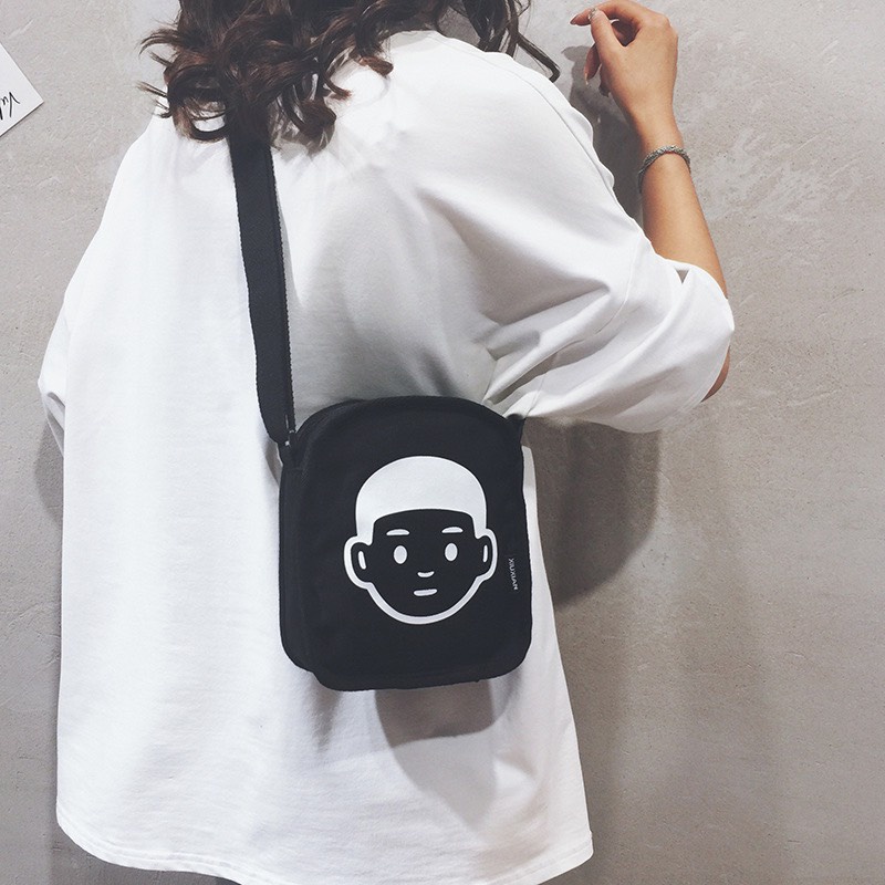 Túi vải tote canvas đeo chéo hình mặt người ngộ nghĩnh đáng yêu phong cách Harajuku Nhật Bản