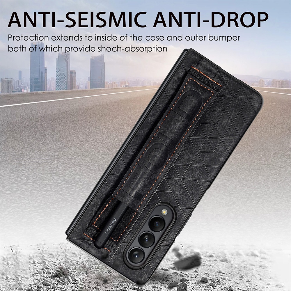 For Samsung Z Fold 4 5G Pen Slot Leather Case Wriststrap Shockproof Cover