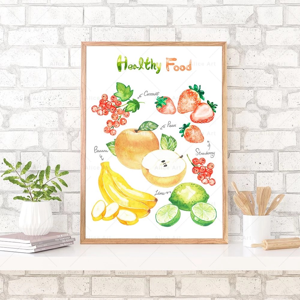Frameless Watercolor Healthy Food Poster Wall Art Print Fruit Vegetables Nuts Canvas Painting Picture Wall Decor Kitchen Home Decoration