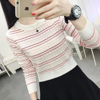 Áo Thun Len Tay Dài Cổ Tròn Họa Tiết Kẻ Sọc Thời Trang Hàn Quốc Mới