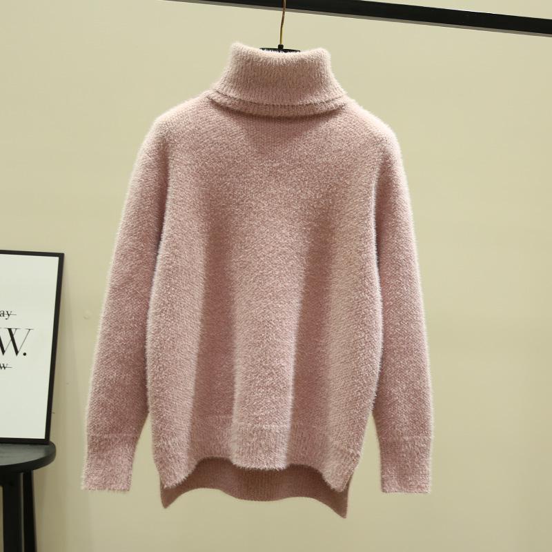 Áo sweater RENJIANVSHENG lông cừu dày dặn tay dài cổ lọ màu trơn phong cách Hàn Quốc