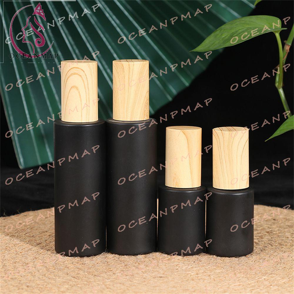 Bình Thủy Tinh Đựng Sữa Dưỡng Da Màu Đen Nắp Gỗ Có Thể Bơm Đầy Lại