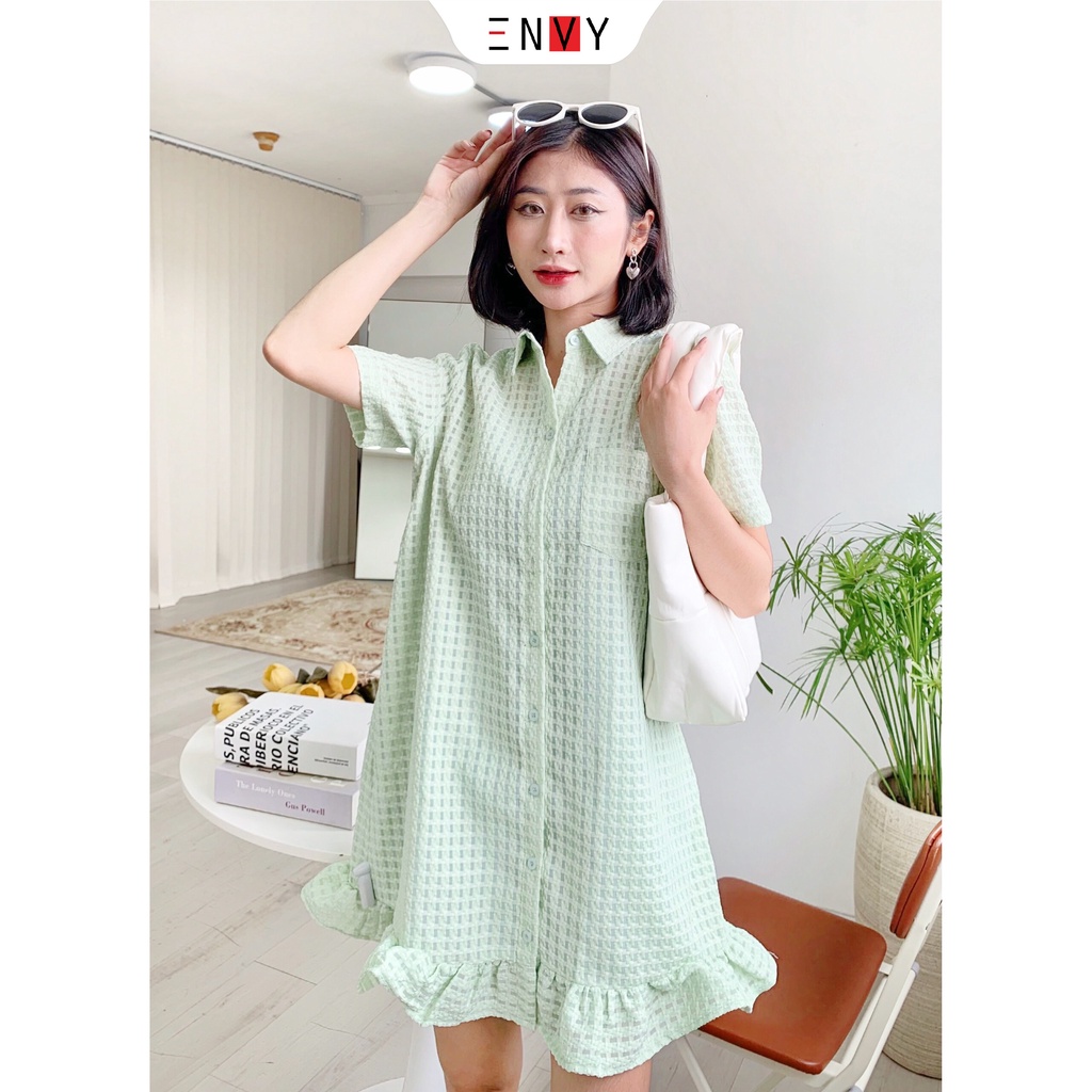 Đầm suông sơ mi lưới đan caro ENVY D191 babydoll