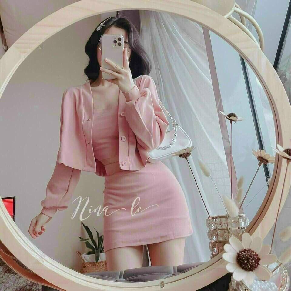 [11.11 Sale Freeship] Set tiểu thư nữ 3 món,chất thun dày dặn áo hai dây phối chân váy chữ A kèm áo khoác dài cực xinh