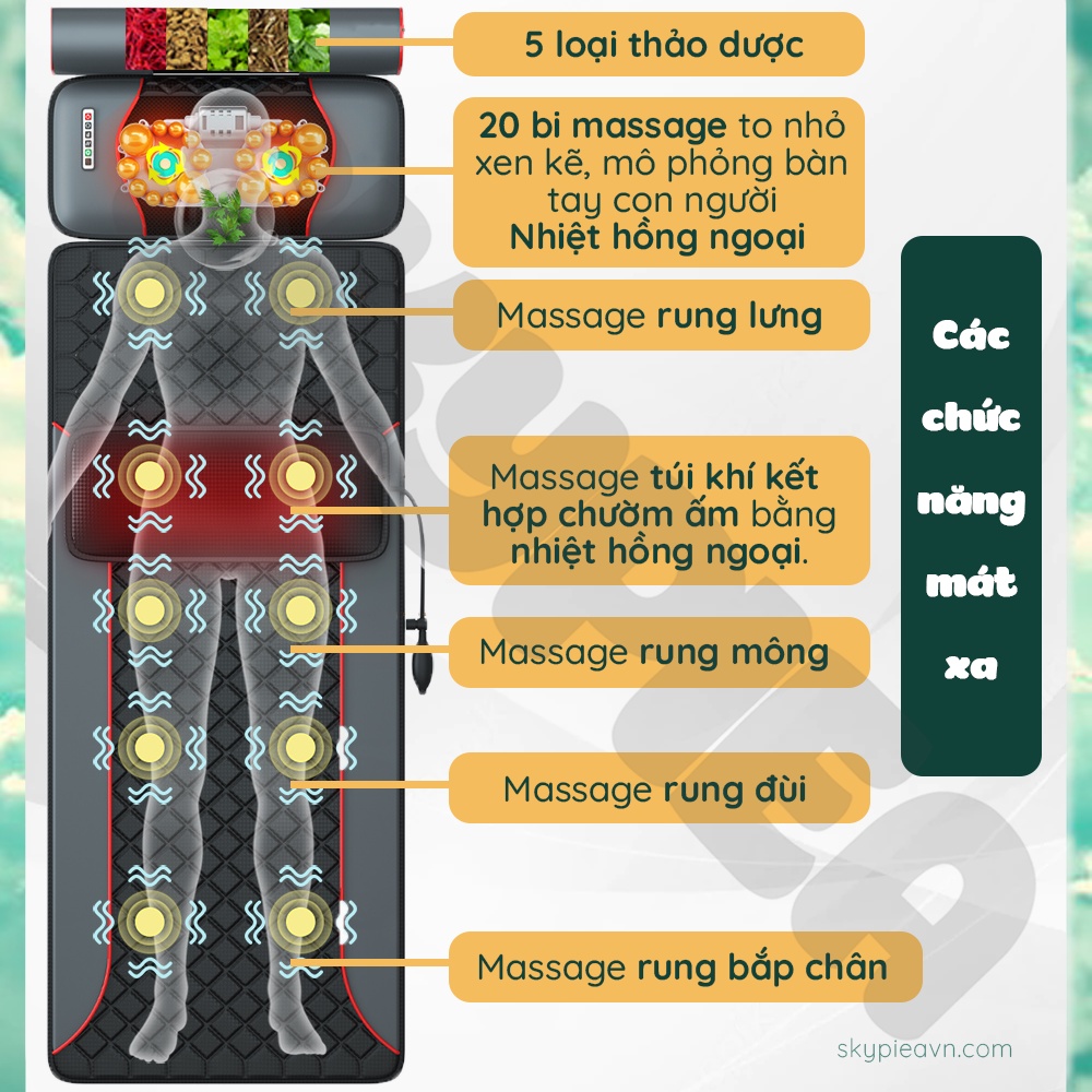 Đệm massage toàn thân hồng ngoại da PU - mát xa cổ, vai, gáy - gối massage TC-2214
