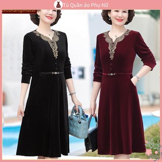Va 'y đầm nhung dáng dài vừa vặn che bụng thời trang xuân thu nu nu nu nu nu m phong cách mới cho phụ nữ trung niên