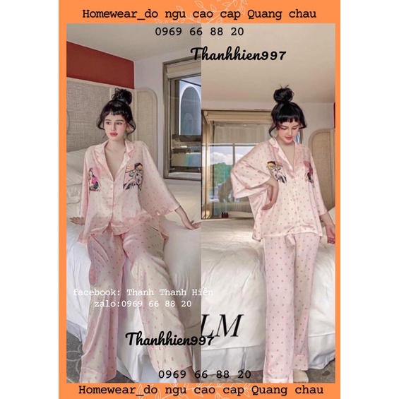 Bộ PAJAMA tay lỡ quần dài hình cô gái lụa satin cao cấp quảng châu