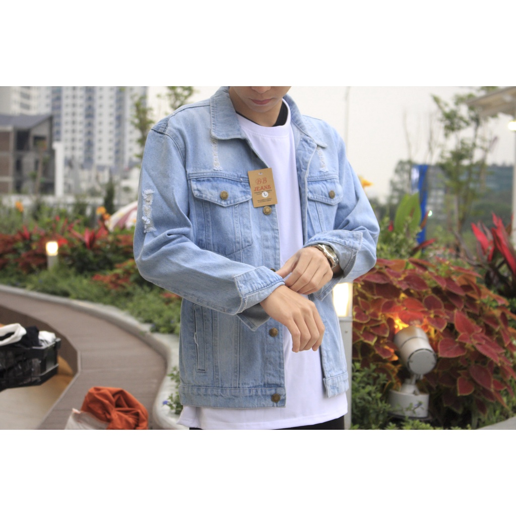 Áo khoác jean đen nam trơn -rách | áo khoác nam xanh form rộng mẫu trơn rách bigsize 40-85kg Mata Sport
