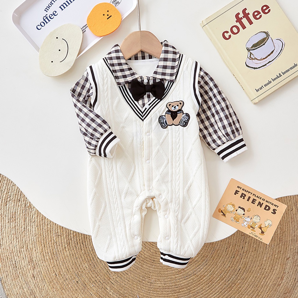 Body Len Cho Bé Bodysuit Công Tử Trắng Phối Sơ Mi Kẻ Caro Cho Bé Mặc Thu Đông - BDD28