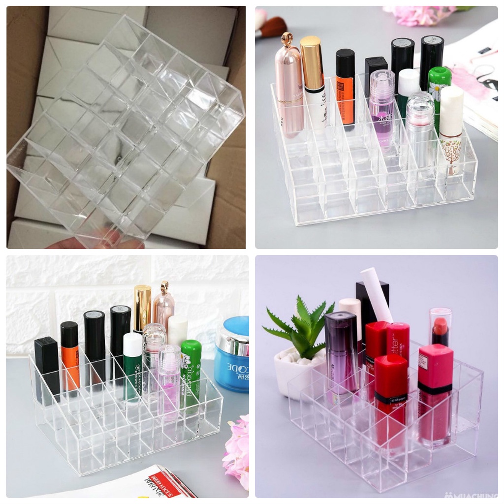 Khay nhựa trong đựng son 24 ô/Khay nhựa đựng son, mỹ phẩm, cọ trang điểm nhỏ gọn tiện dụng.