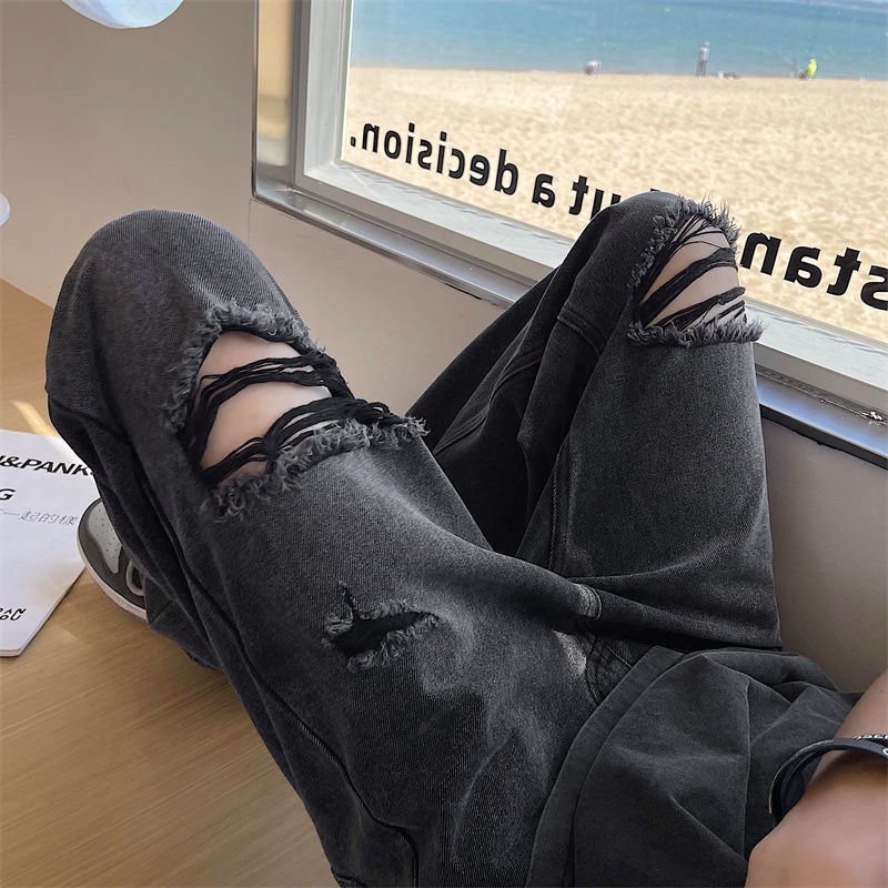 Quần jogger Jean Phối Rách Màu Xám Khói Phong Cách vintage Đường Phố Mùa Hè Cho Nam