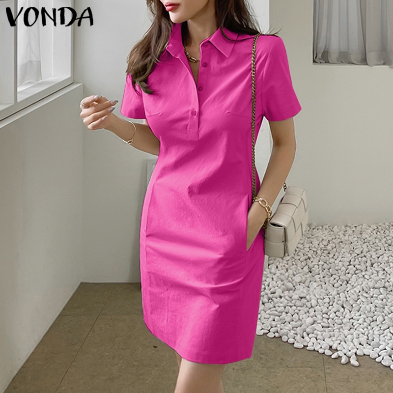 Đầm mini VONDA tay ngắn cổ bẻ phối túi màu trơn phong cách Hàn Quốc thời trang mùa hè dành cho nữ