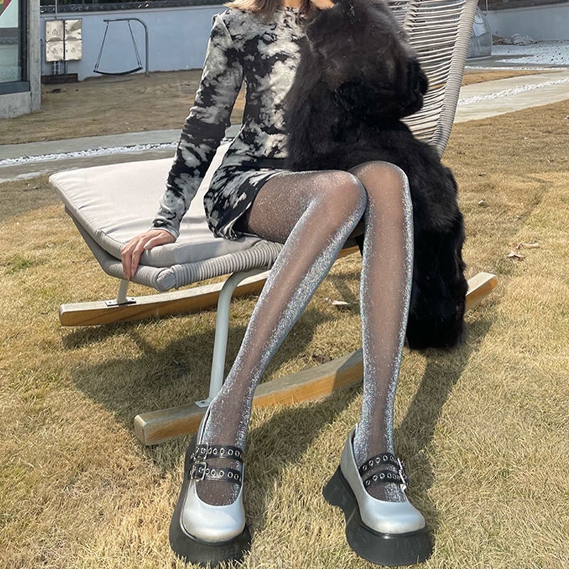 Quần Tất Lụa Mỏng Màu Đen Đính Ngọc Trai Bạc Lấp Lánh Quyến Rũ Phong Cách Mới Quyến Rũ Cho Nữ