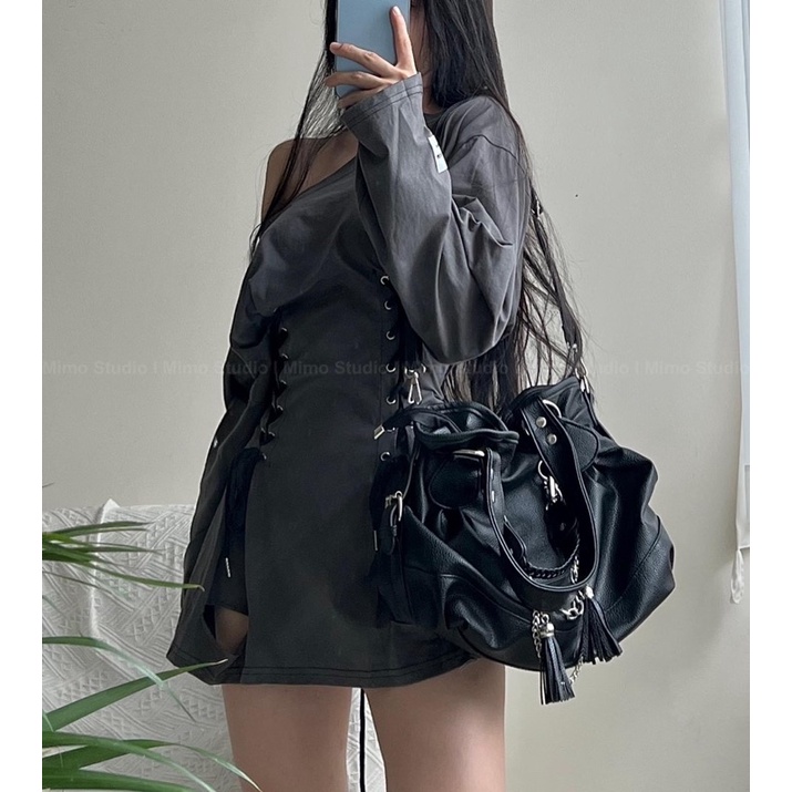 ĐẦM THUN XÁM DÀI TAY CỔ THUYỀN THẮT EO