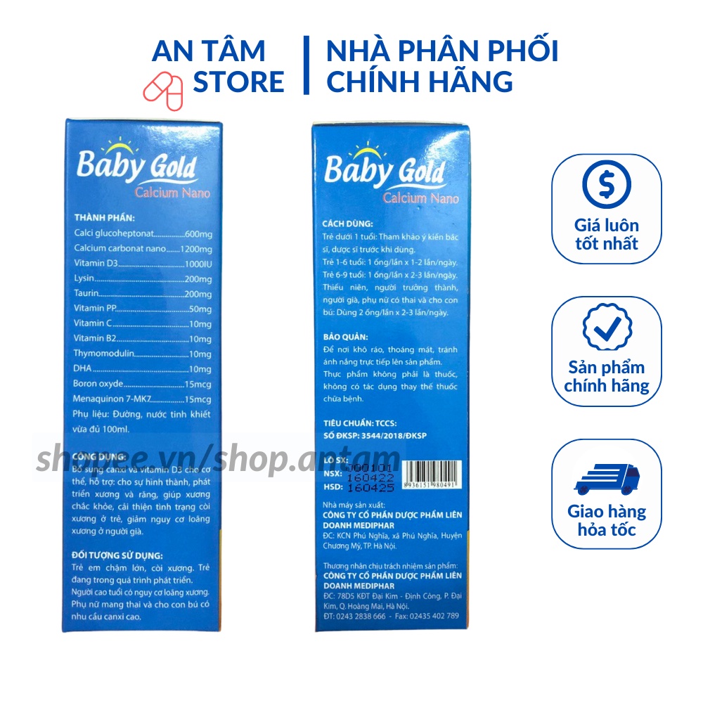 Baby Gold Calcium bổ sung canxi, chống còi xương suy dinh dưỡng, hộp 20 ống