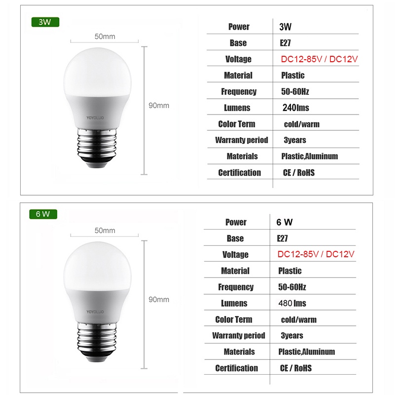 Bóng Đèn Led E27 DC 12V 24V 36V 48V 60V 3W 6W 9W 12W 15W 18W Tiết Kiệm