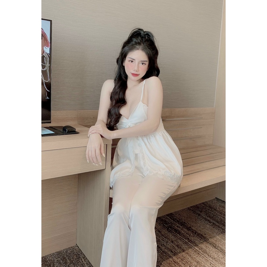 Set Ngủ Áo 2 Dây Nơ Sexy Quần Dài Lụa Siêu Xinh - Đồ Bộ Nữ Freesize