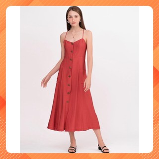 Đầm camisole dây chéo nữ YV LE & CO vải linen màu đỏ quyến rũ