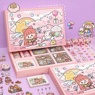 Hộp quà tặng set 100 sticker 10 whashi tape 75 giấy note sitker cute hộp sticker hình dan sticker dễ thương sitker trang trí sổ tay