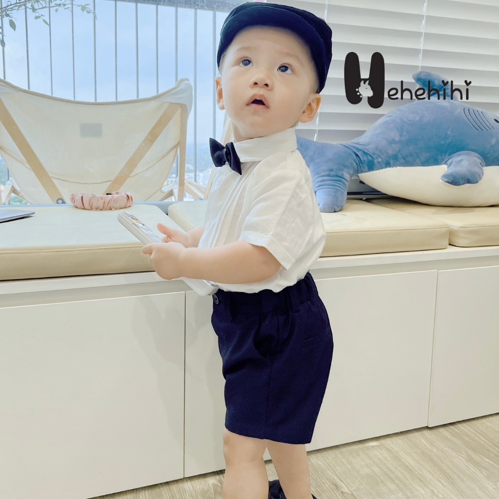 Áo sơ mi bé trai HEHEHIHI tay ngắn xếp ly màu trắng chất vải Linen Hàn Quốc thoáng mát A06