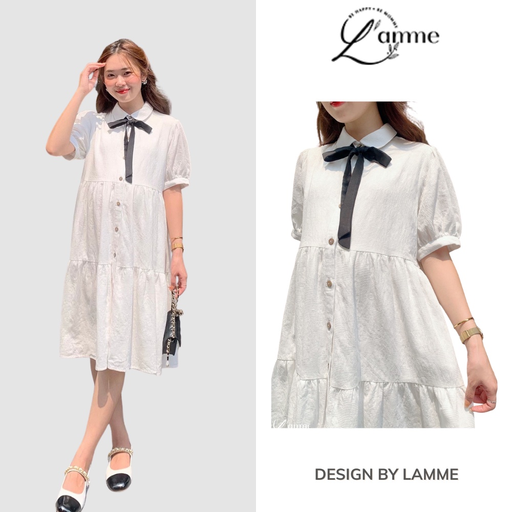 Đầm váy bầu MURA chất đũi thô cổ đức đính dây đen dáng babydoll phù hợp với môi trường công sở by L'amme