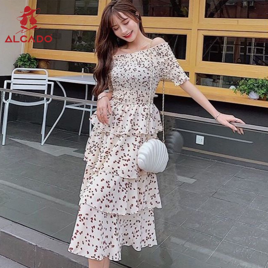 Đầm hoa nhí thắt eo Ulzzang váy maxi phong cách Vintage vải xốp cotton