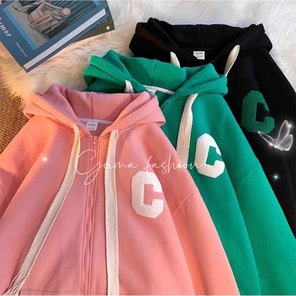 (MẪU MỚI) Áo khoác nỉ bông Hoodie Zip thêu chữ C, form rộng unisex nam nữ (Ảnh thật/Có sẵn)