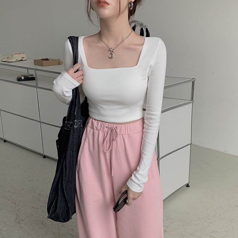 A03-Áo thun zip cổ vuông dài tay nữ Sammivnxk🌸Áo croptop tay dài cổ vuông dáng ôm bassic🌸[free ship]