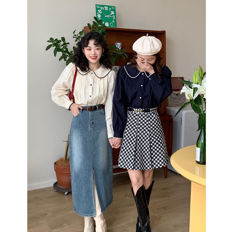 Áo Sơ Mi Cổ Búp Bê Dáng Rộng Màu Sắc Tương Phản Thời Trang Mùa Thu Cho Nữ