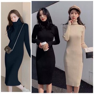 Đầm body len tăm,Váy len tăm cổ lọ dài tay dáng dài 1m07 nhiều màu chất len tăm dày dặn