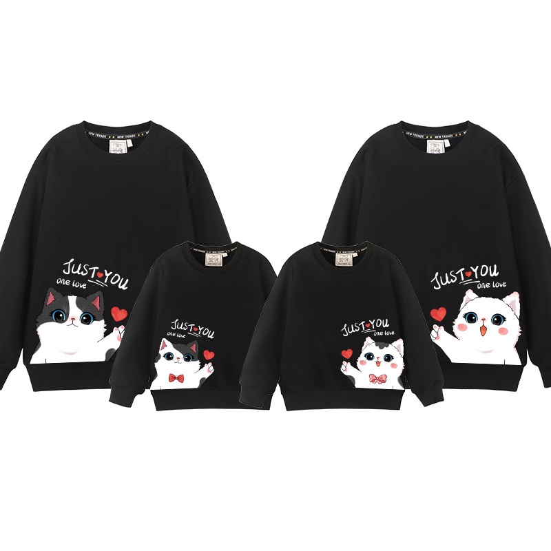 Áo Sweater Gia Đình Familylove - Mẫu Áo Gia Đình In Họa Tiết Mèo Đáng Yêu Just You One Love Chất Nỉ Da Cá Cotton 100%