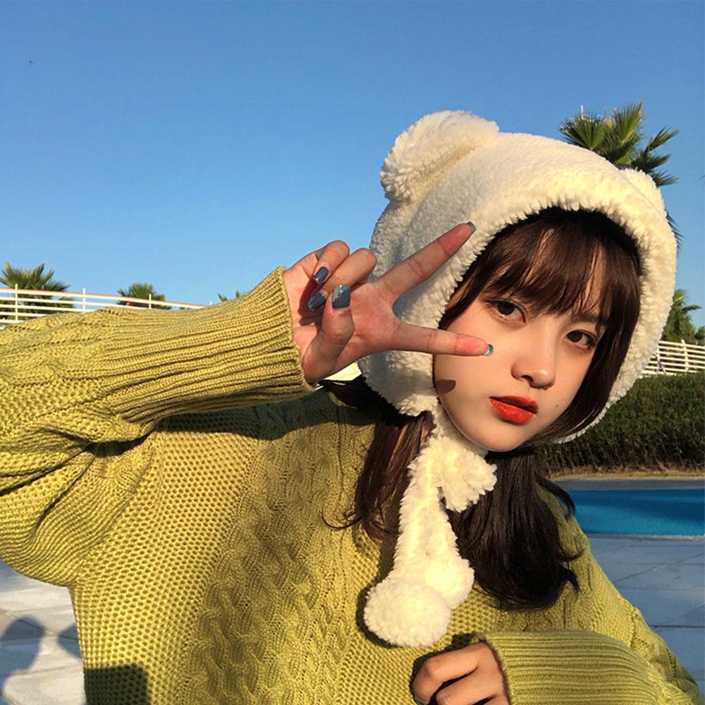 Mũ Len Trùm Đầu Chống Gió Đính Quả Bông Dễ Thương Cho Nữ